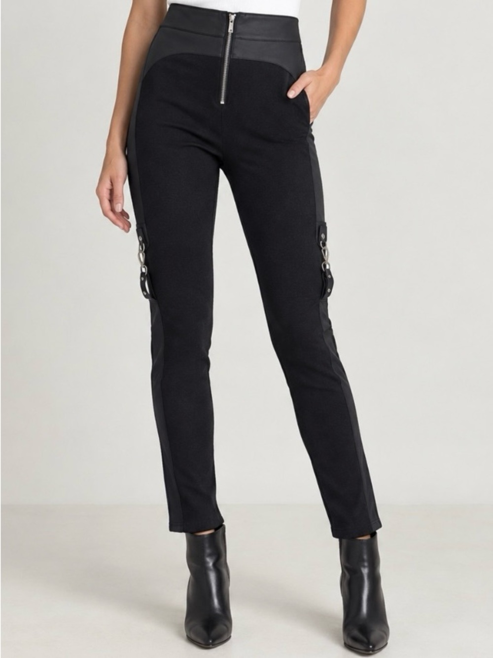 Maniere De Voir Black Moto Pants with Vegan Leather & Metal Hardware Accents